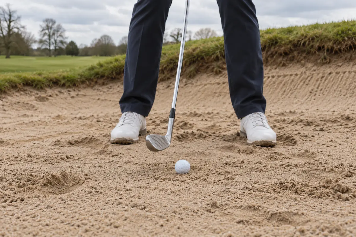 Club hovering above the sand beside a ball