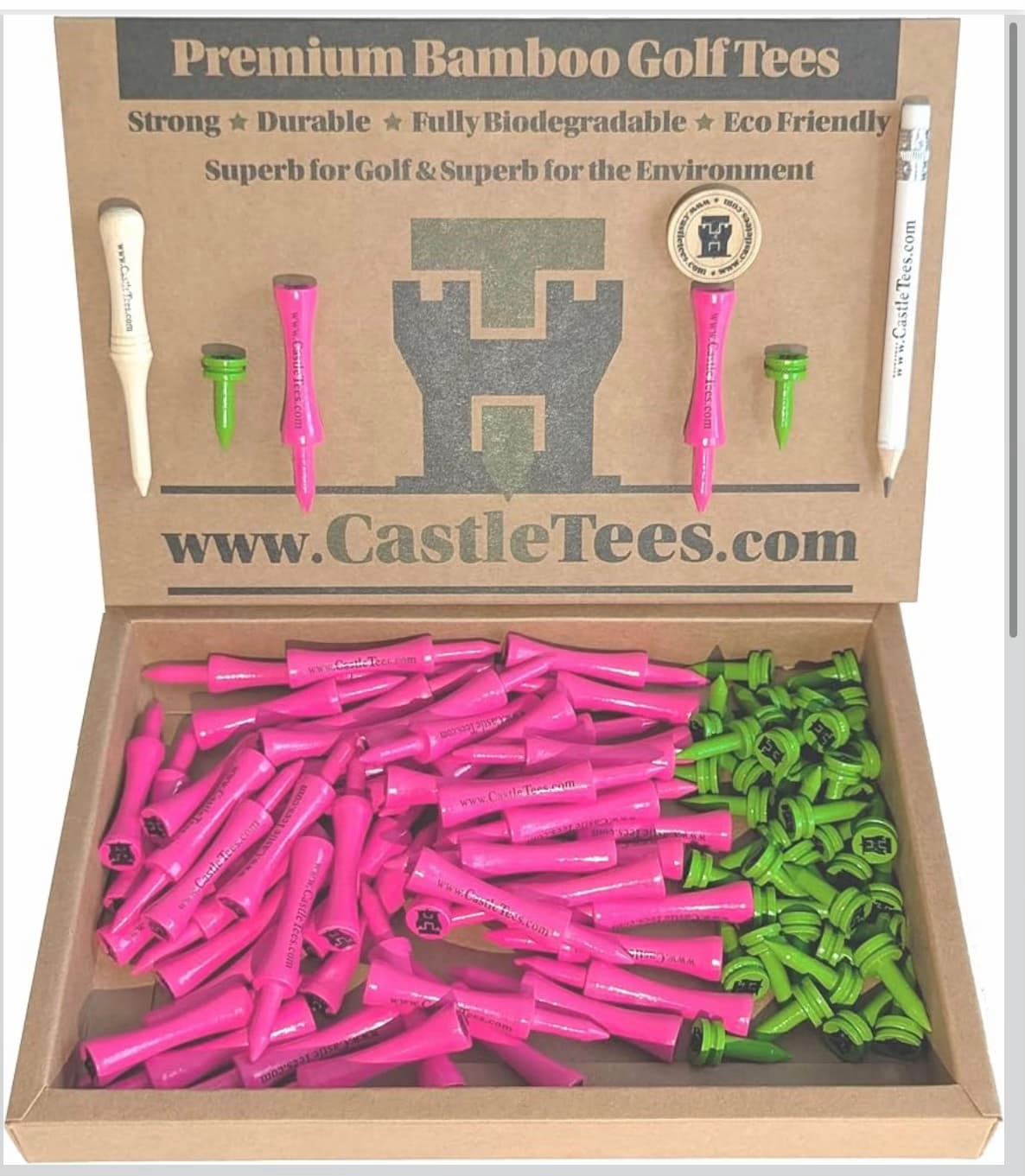 Box of pink and green Castle golf tees in several sizes