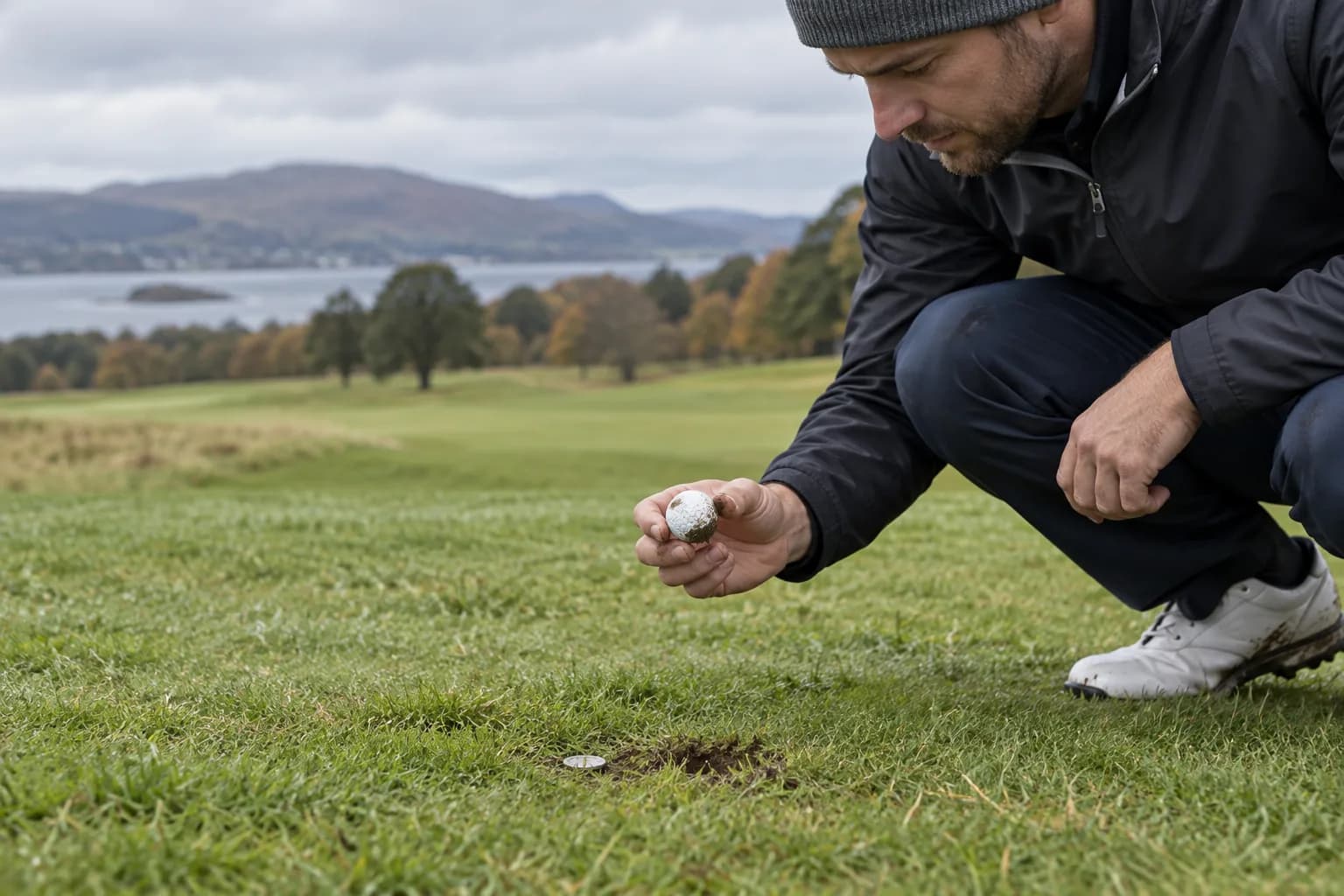 Golfer inspecting a lifted muddy ball with its spot marked in the fairway