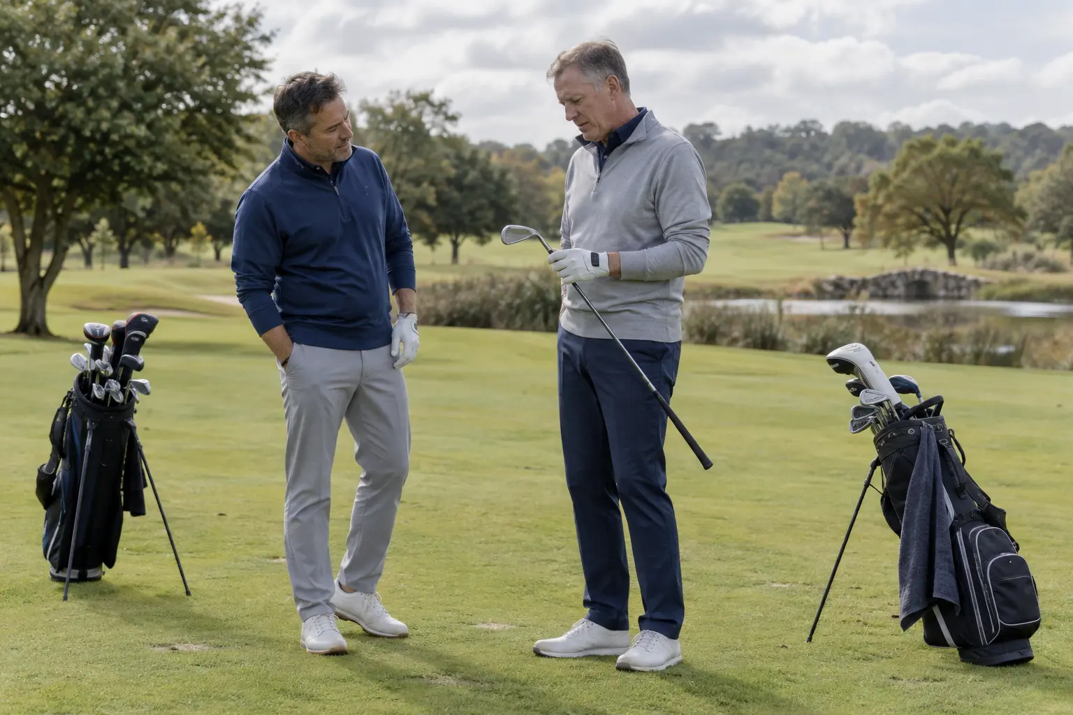 Two golfers discussing club choice beside their golf bags
