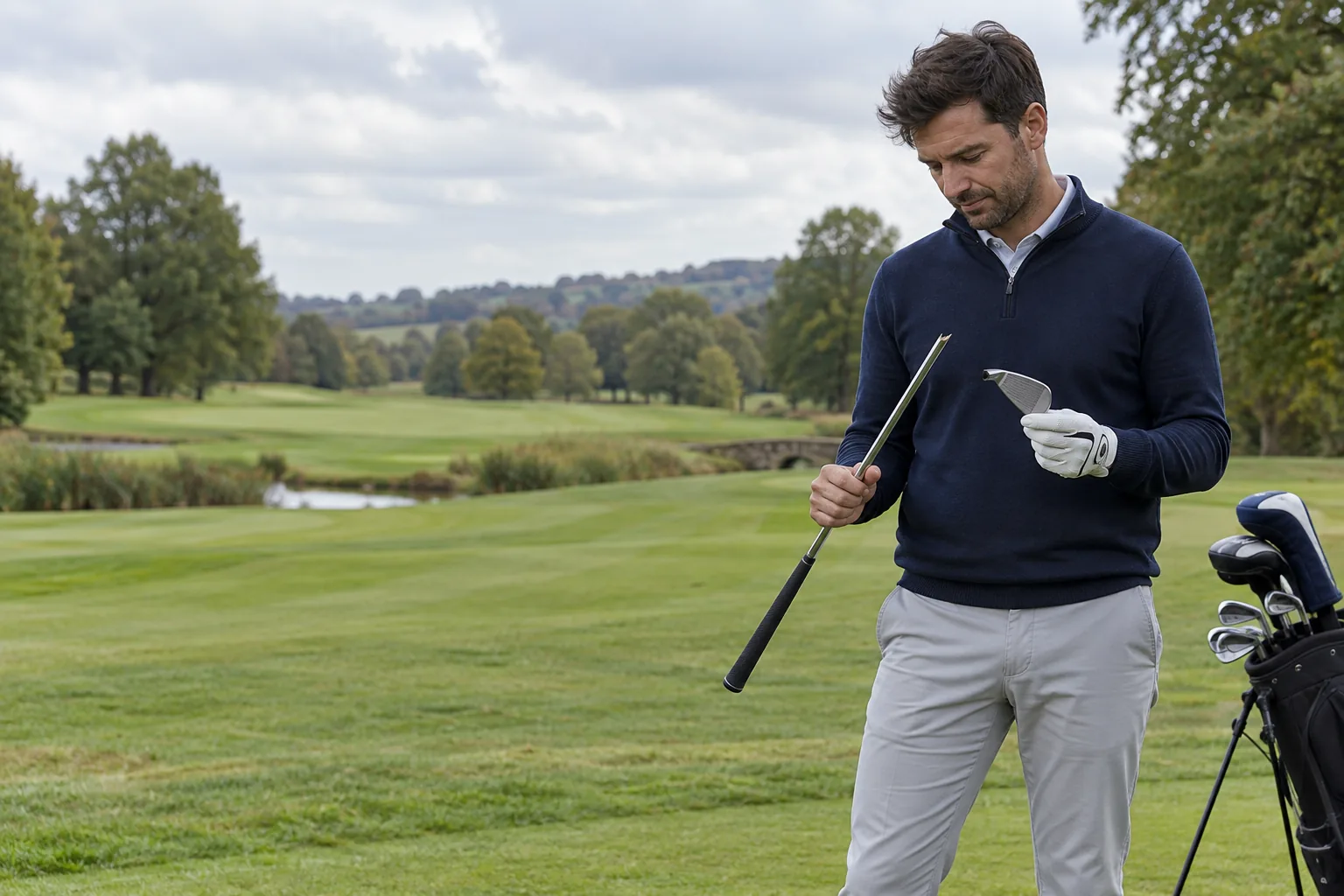 Golfer examining a snapped iron shaft after an ordinary stroke