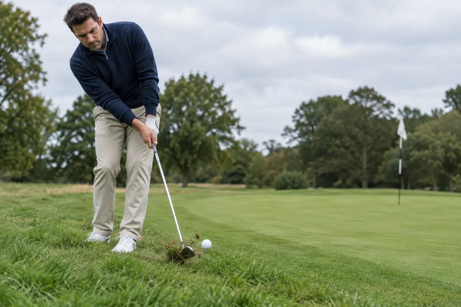 Golfer striking a ball during a controlled iron swing
