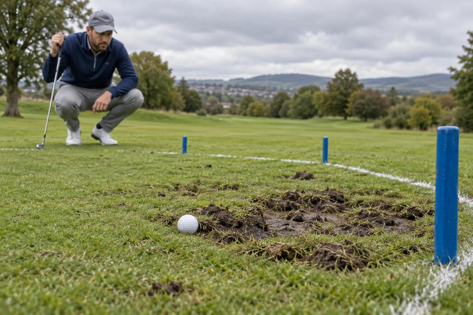 Golf ball beside a clearly marked area of ground under repair