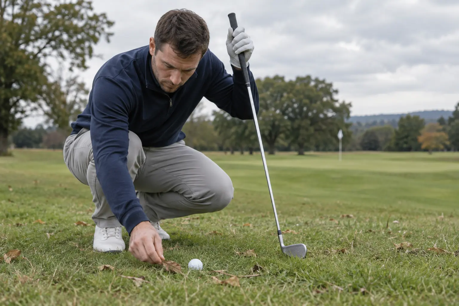 Golfer removing leaves and loose natural material beside a golf ball
