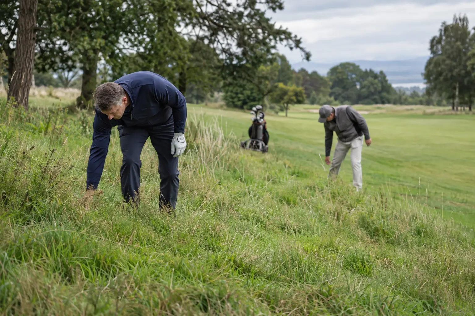 Golfers searching for a ball in the rough