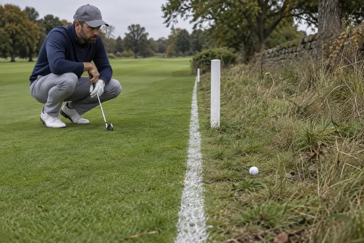 A golf ball in the rough beside a white boundary stake
