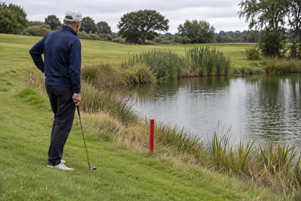 Golfer checking where a ball crossed a penalty-area edge
