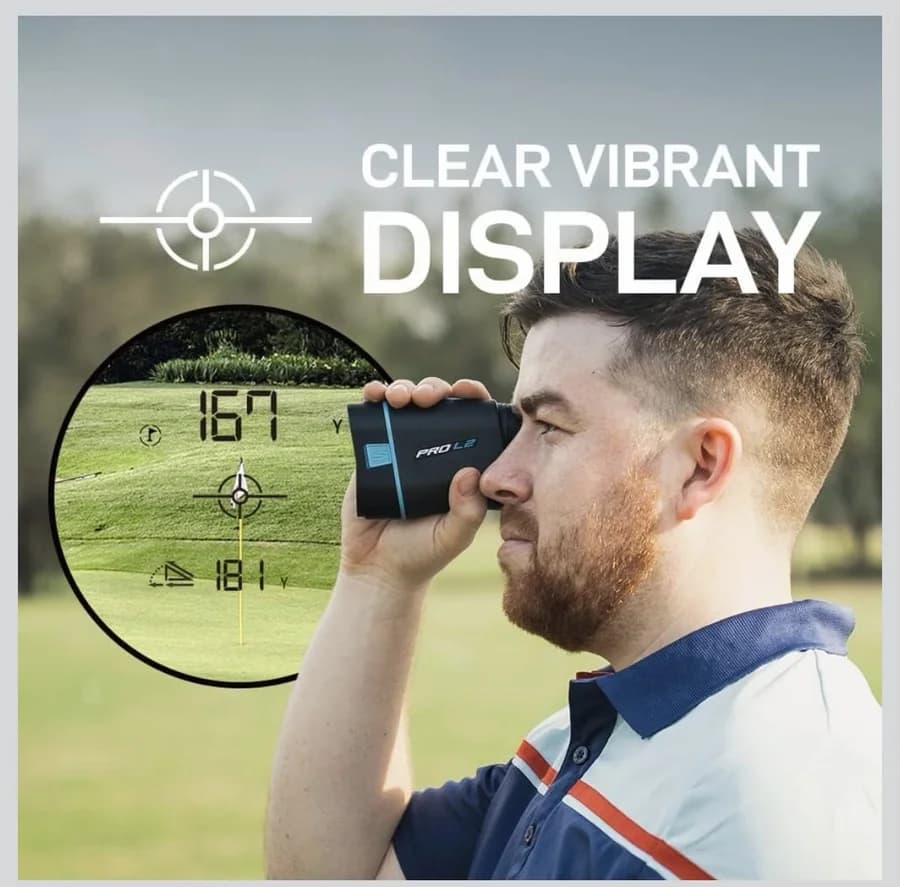 Golfer using the Shot Scope PRO L2 laser rangefinder with its distance display shown