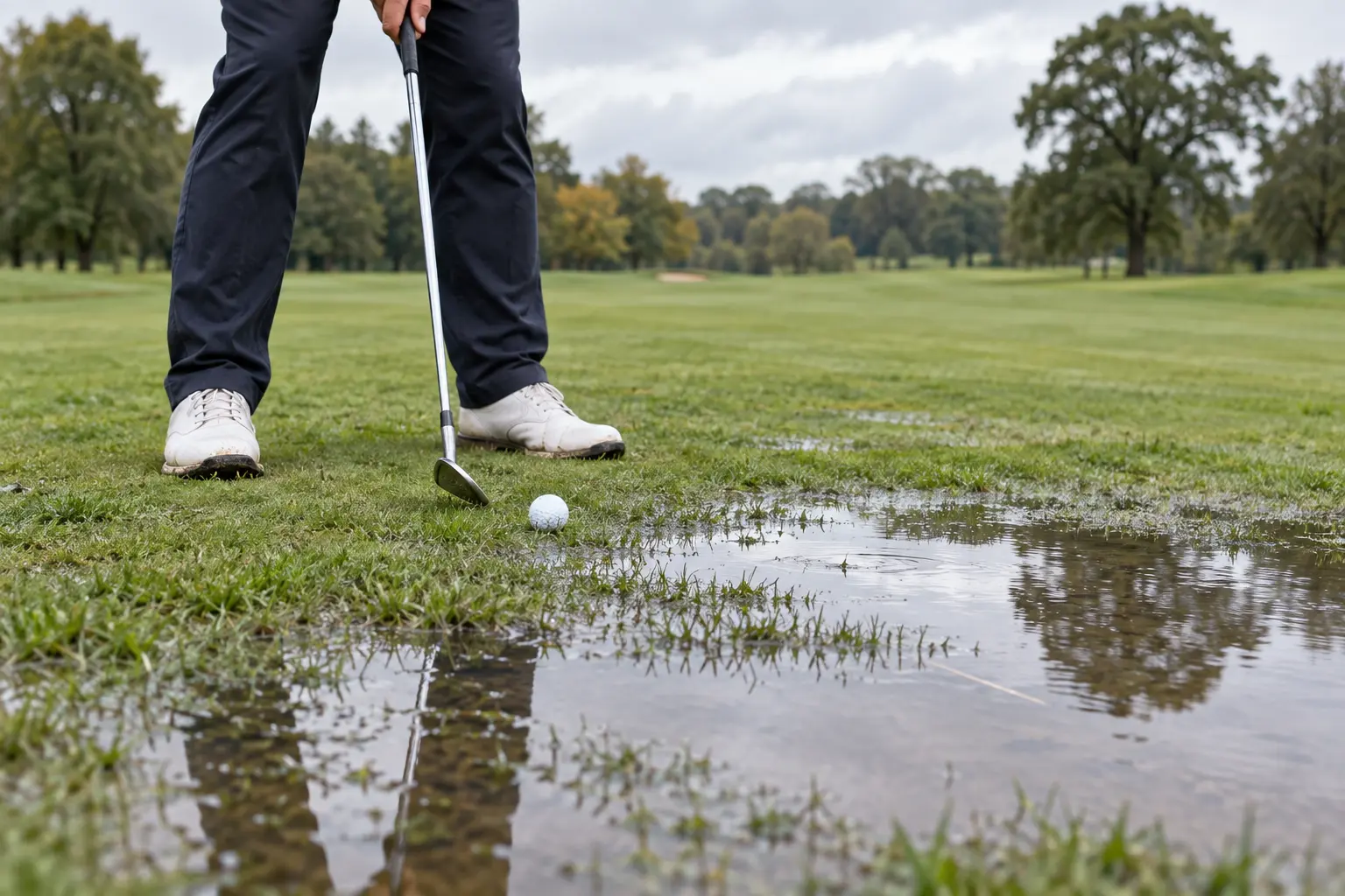 Golf ball resting beside visible temporary water on the course