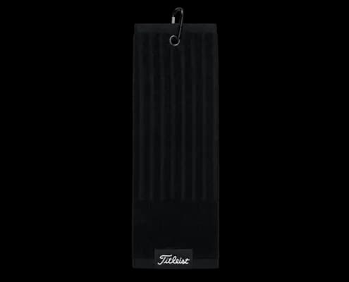 Black Titleist tri-fold golf towel with attachment hook