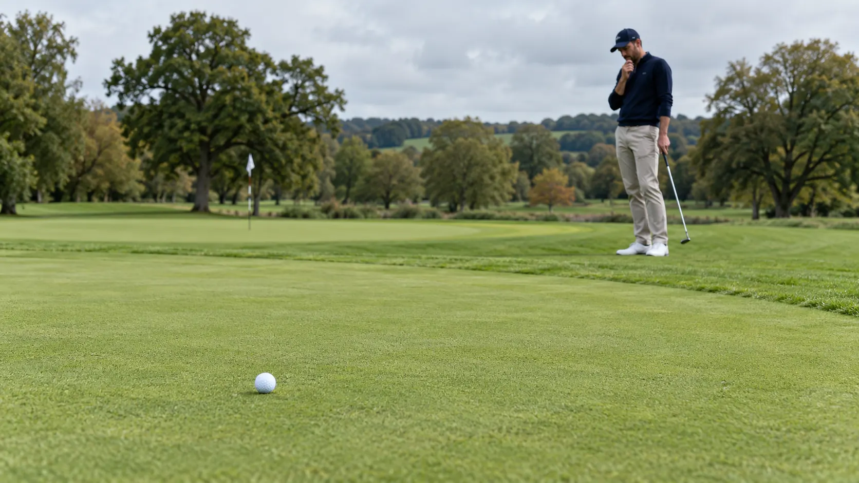 Golfer assessing a ball on a neighbouring putting green