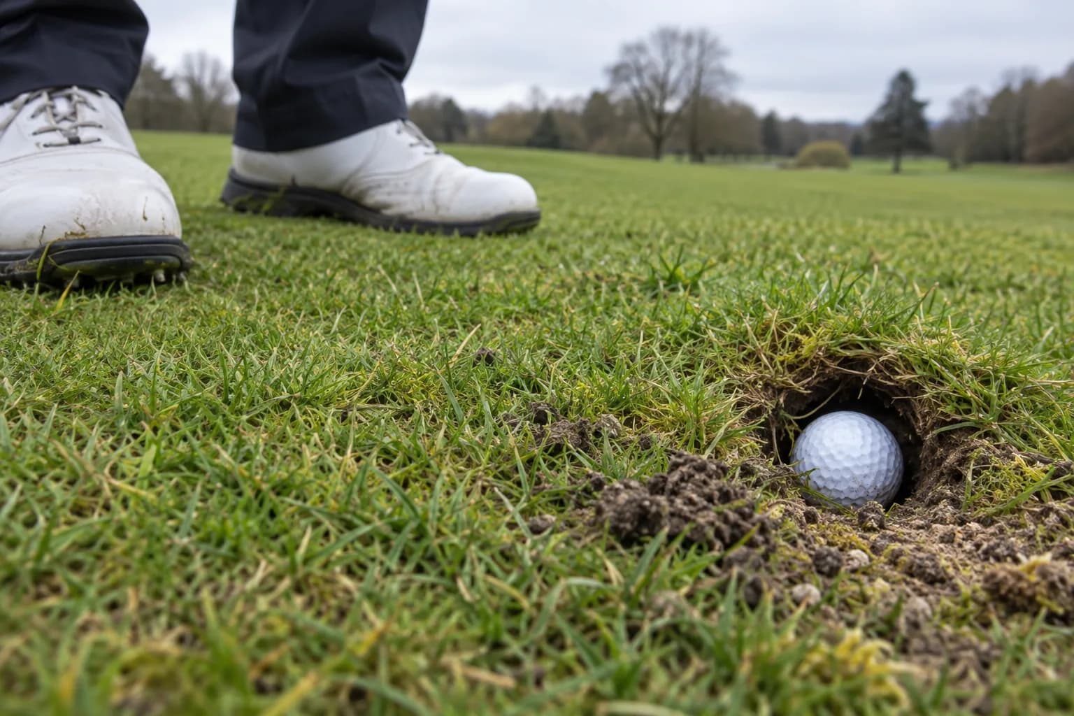 Golf ball resting inside a small animal hole in fairway turf