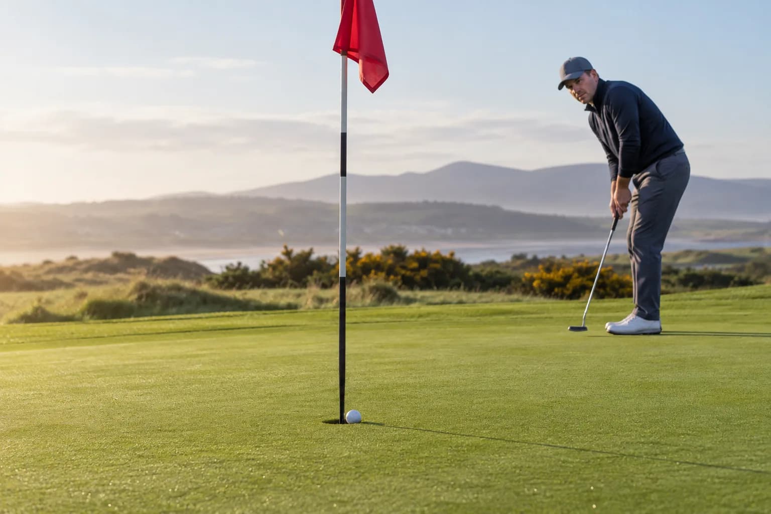Golf ball resting against a flagstick left upright in the hole