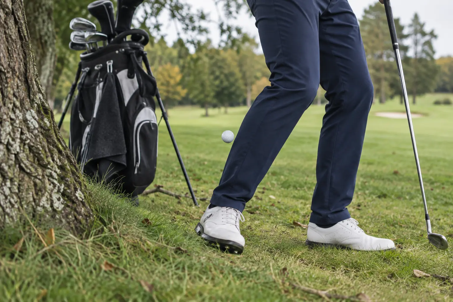 Golfer reacting after a ball rebounds towards the player and golf bag