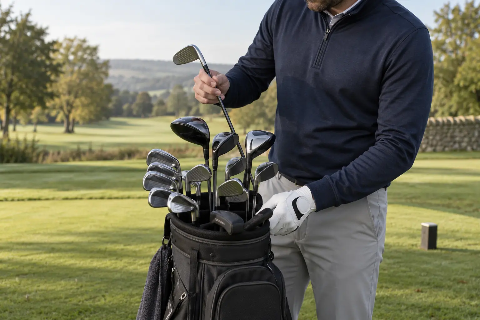 Golf bag holding a full set of clubs beside the first tee