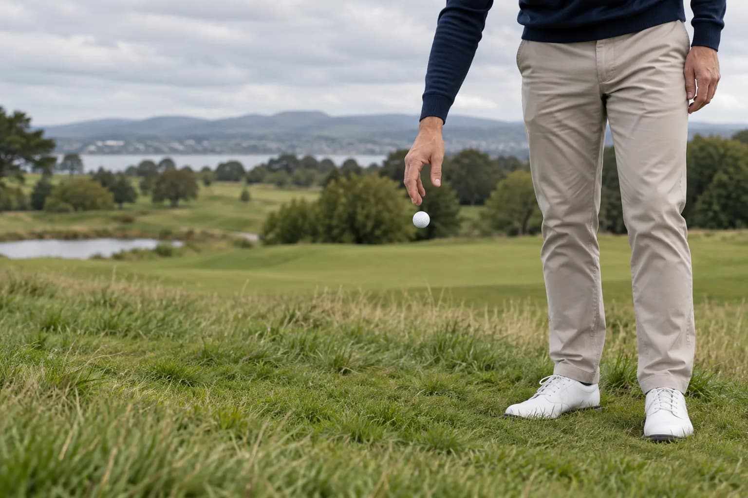 Golfer releasing a ball from standing-knee height in a grassy relief area