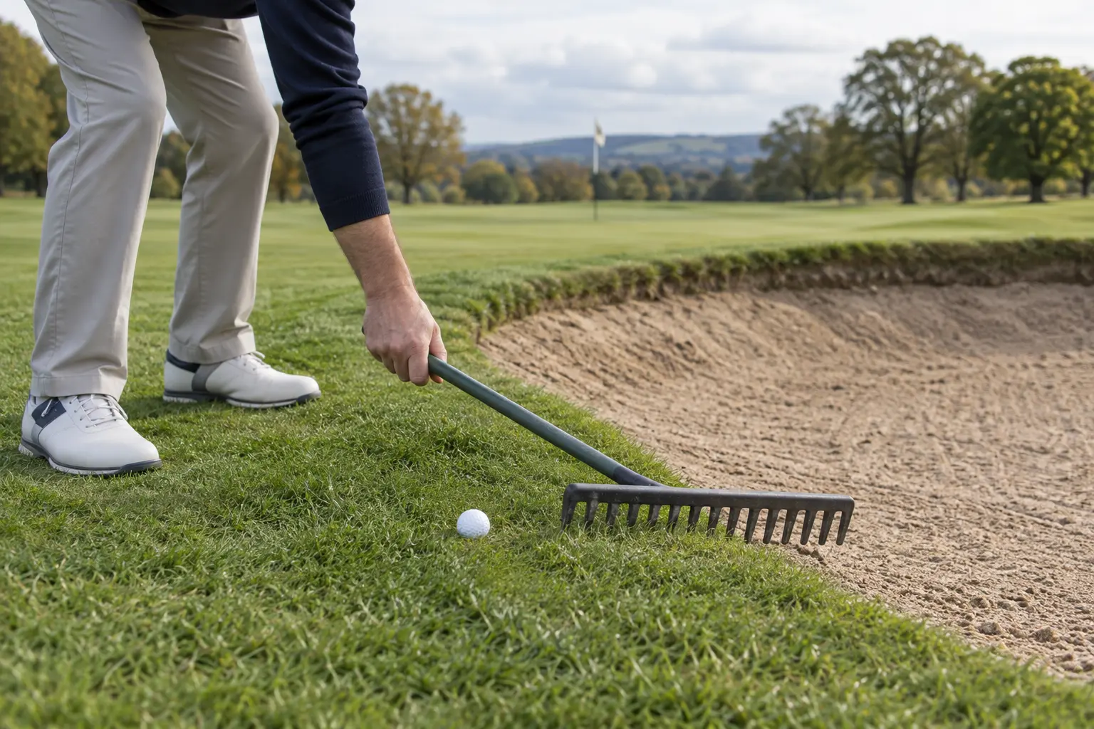 Golfer moving a bunker rake lying beside a golf ball