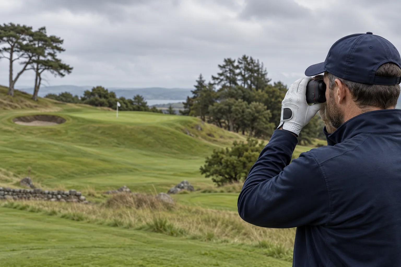 Golfer using a laser rangefinder towards an uphill green