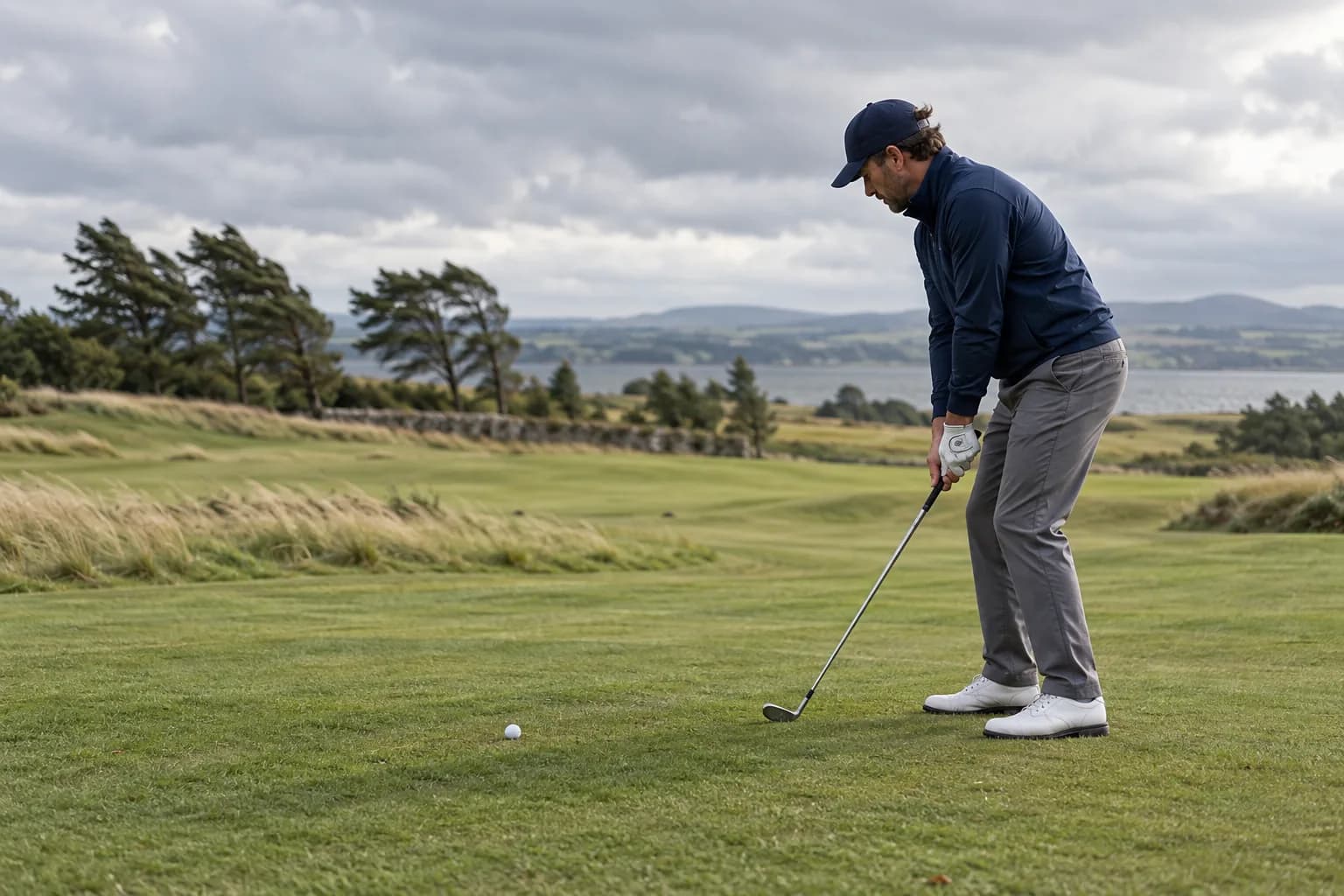 Golfer considering a ball that has moved on a breezy fairway
