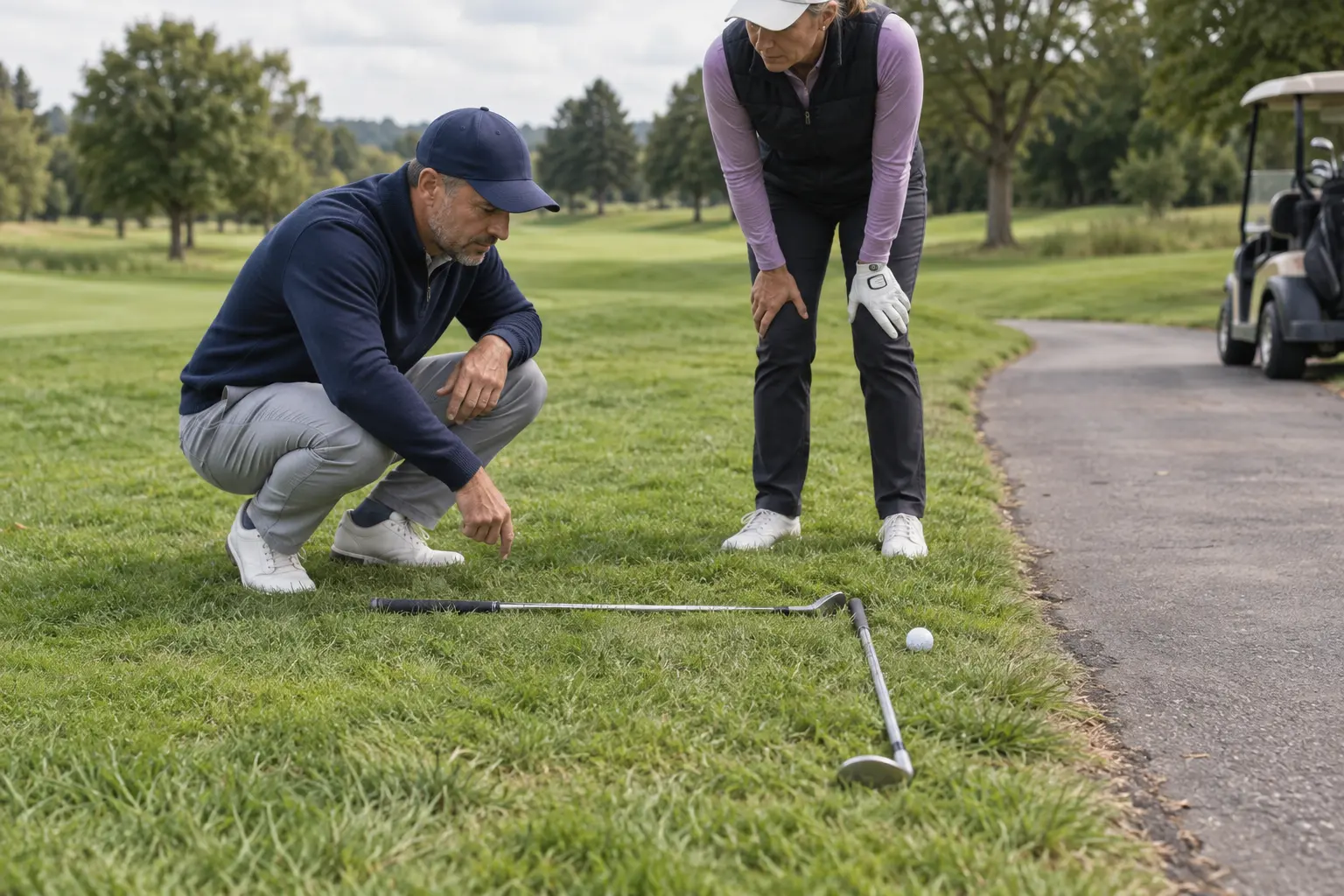 Golfer checking a marked relief area before playing a golf ball